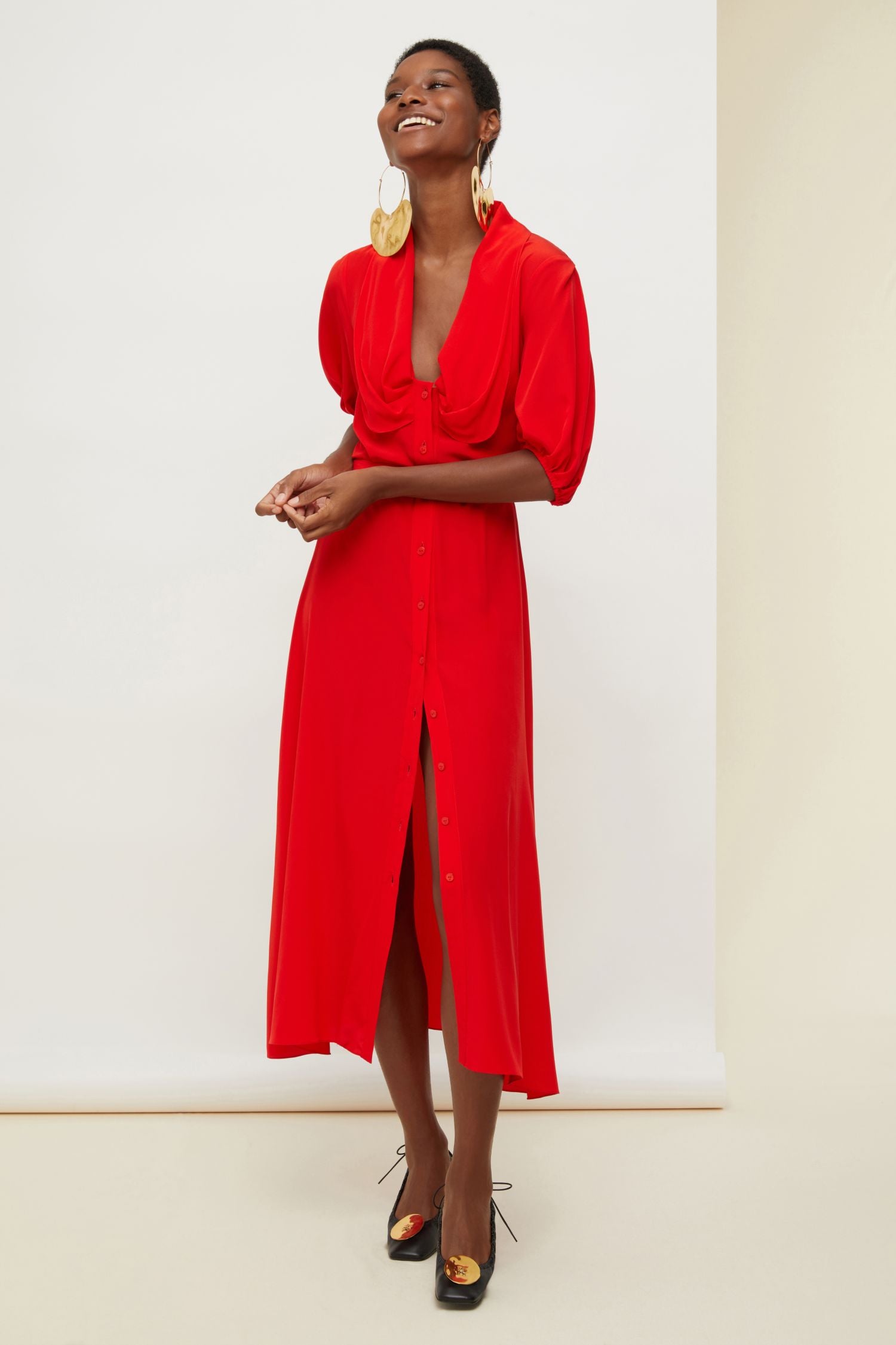 Silk shirt dress with draped collar - Red