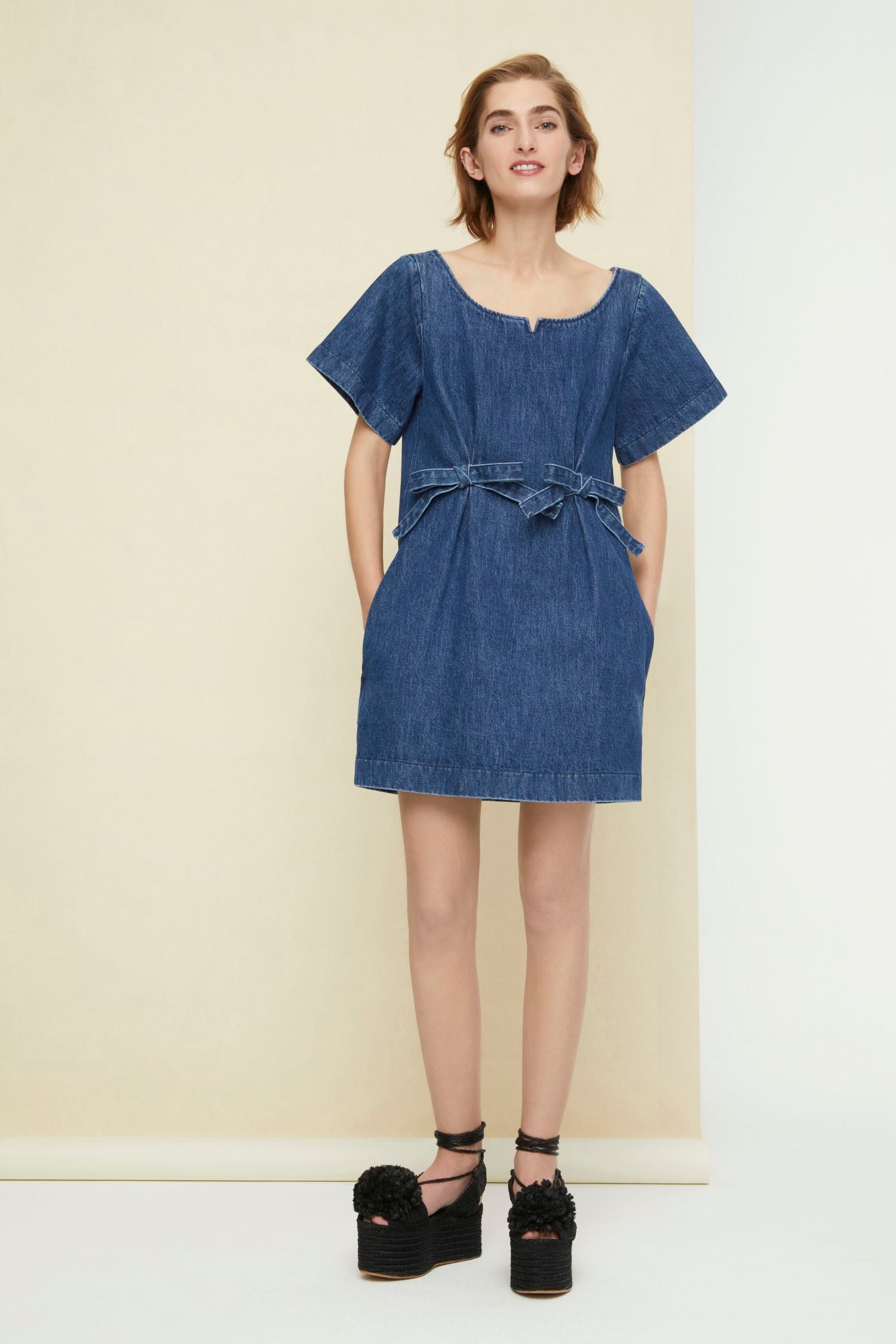 Robe courte à noeuds en denim - Bleu Indigo