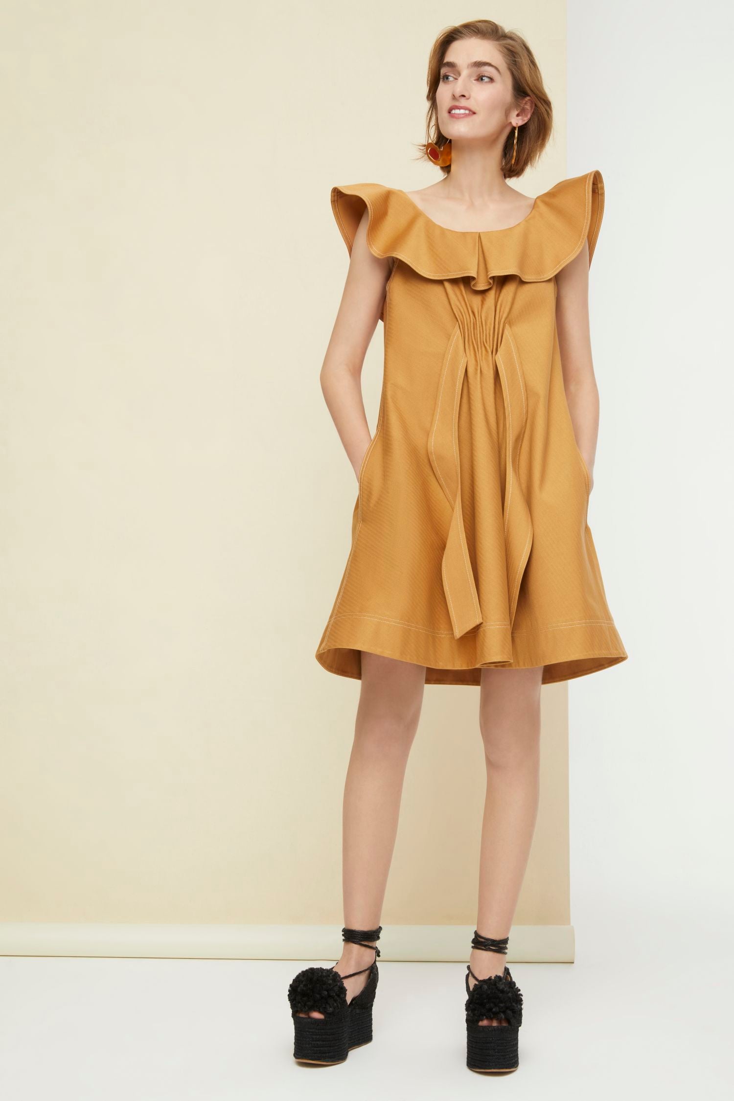 Robe à volants en coton chevronné - Cuivre