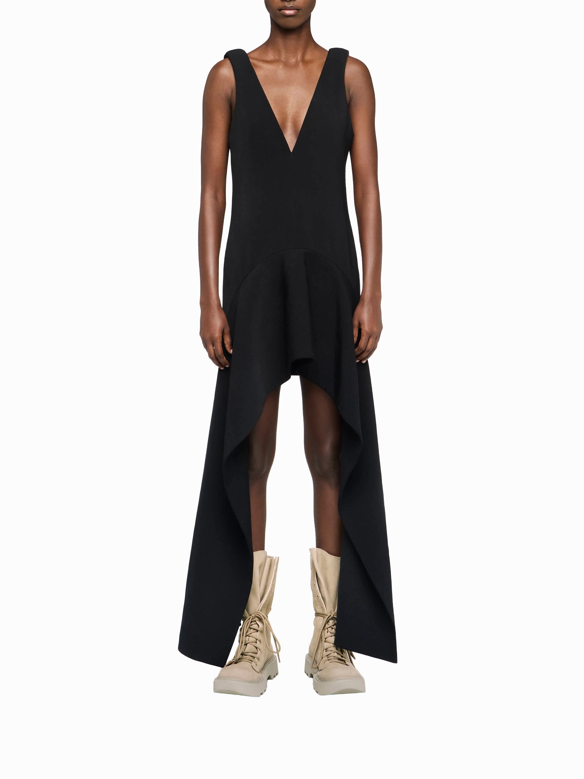Robe courte à col V en laine mélangée - Black