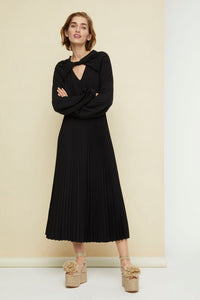 Robe midi plissée à col twist - Noir