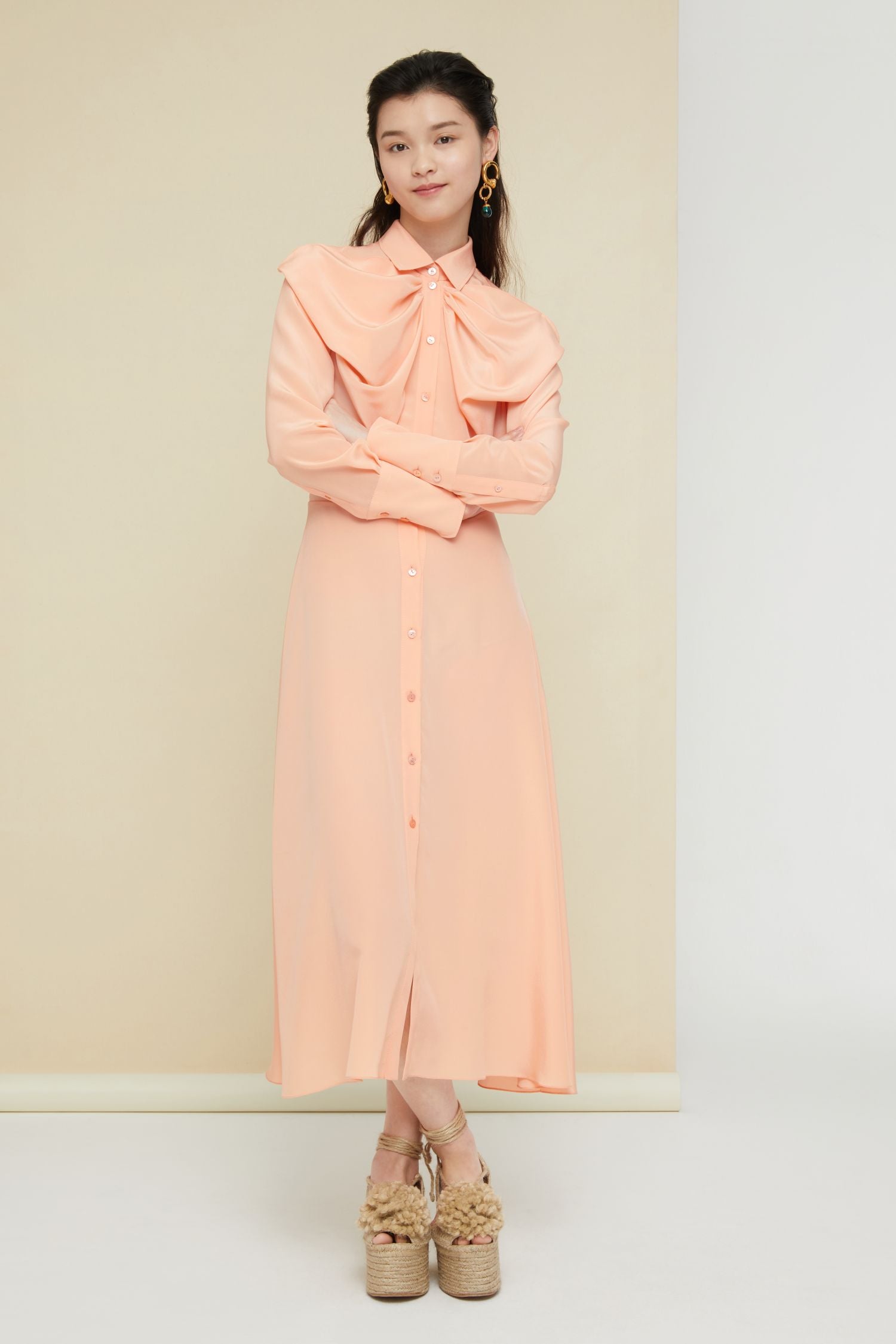 Silk bow-neck midi dress - Coral