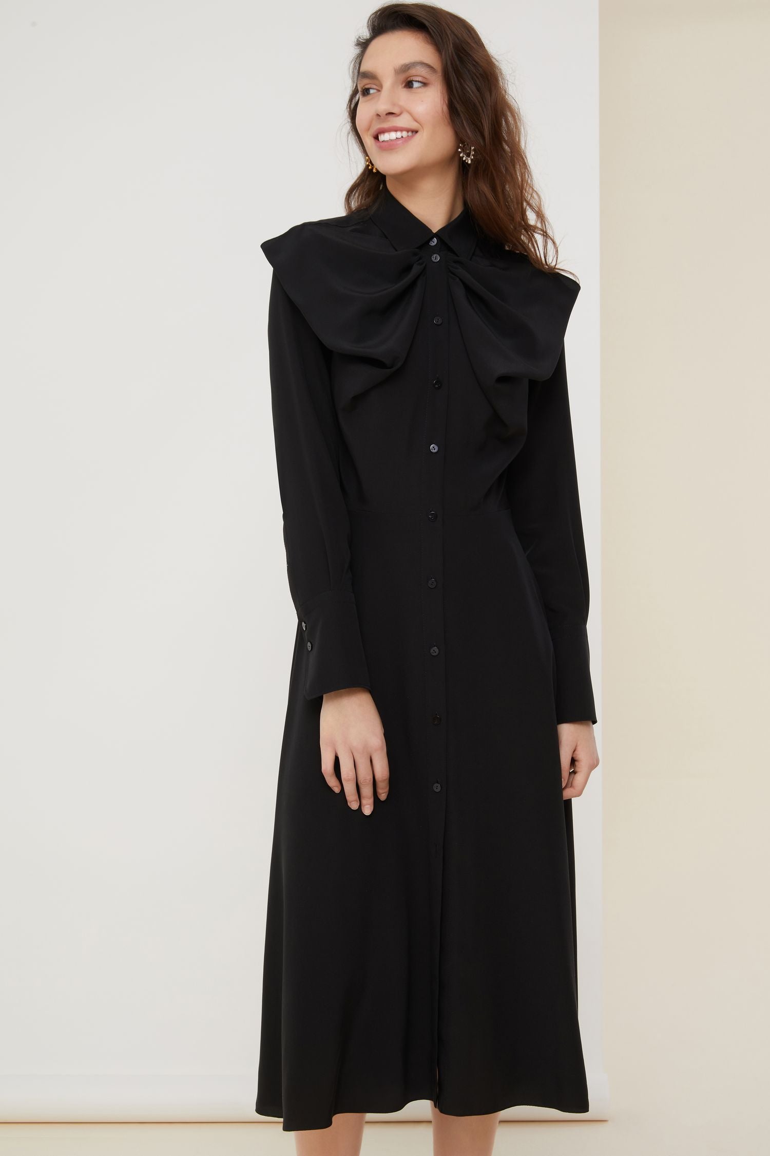 Robe midi à col nœud en soie - Noir