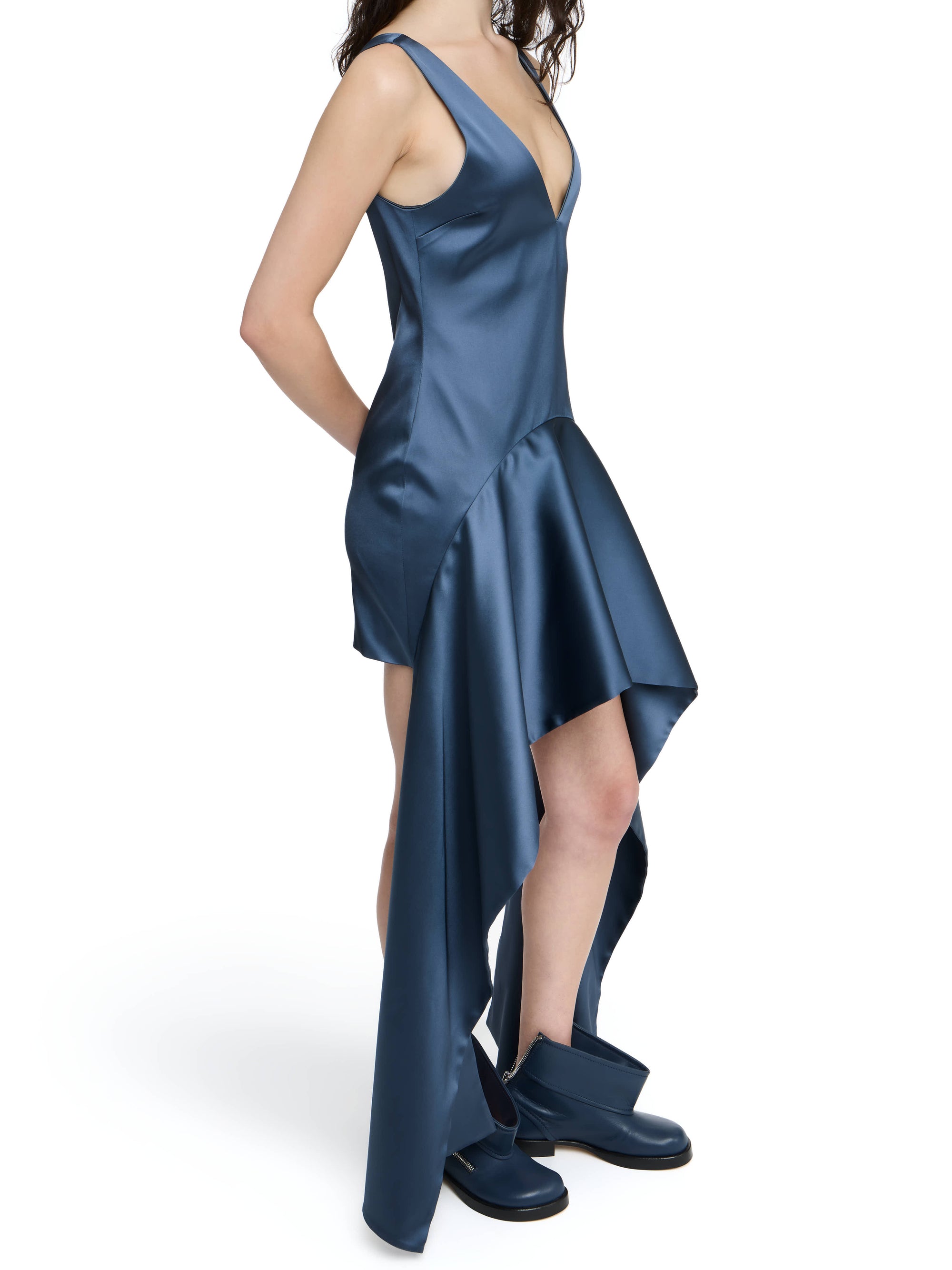 Robe Mini À Col En V Et Ourlet Drapé - Steel Blue