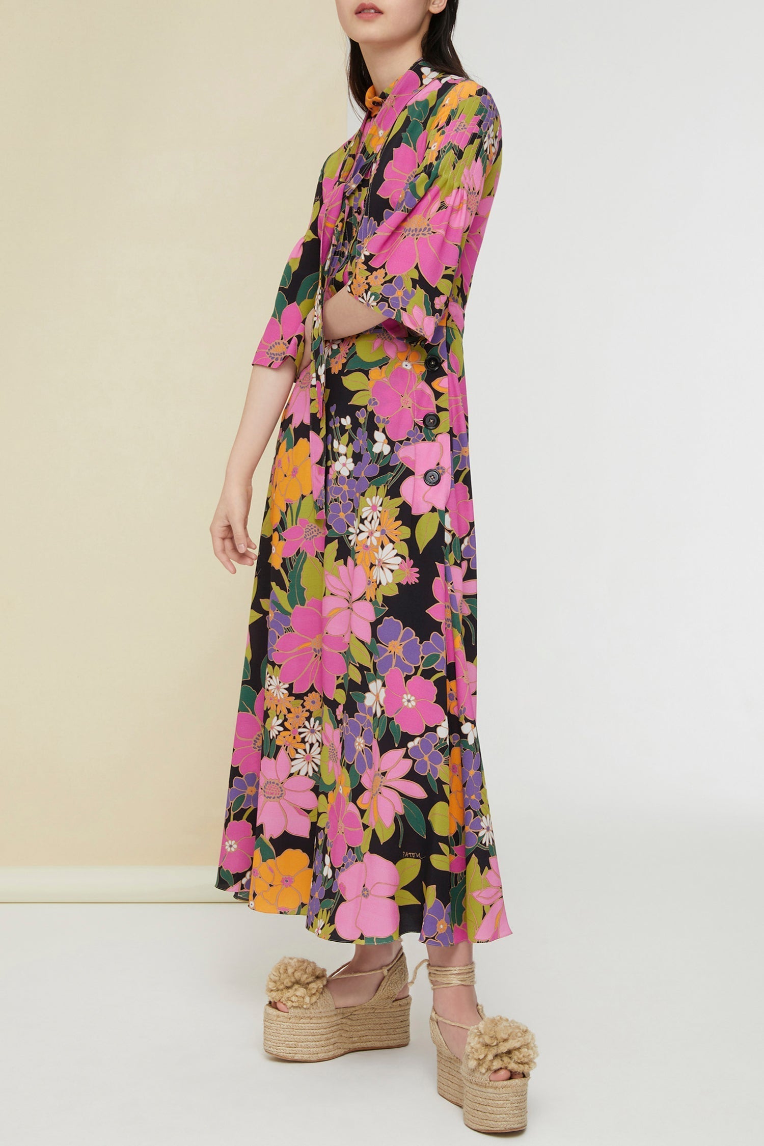 Robe midi imprimée à col foulard - Imprimé Autumn Flowers