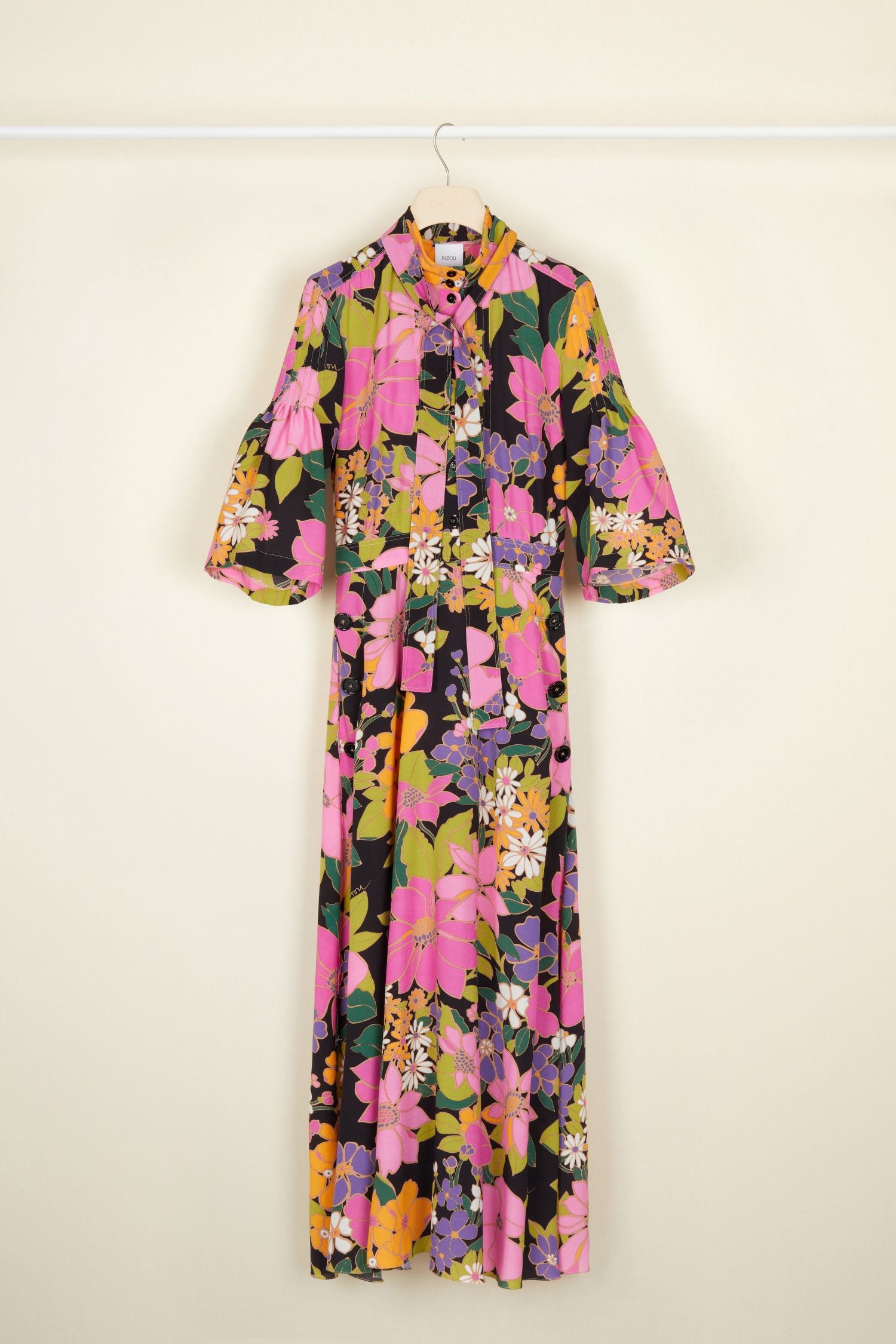 Printed midi dress with scarf collar - Autumn Flowers