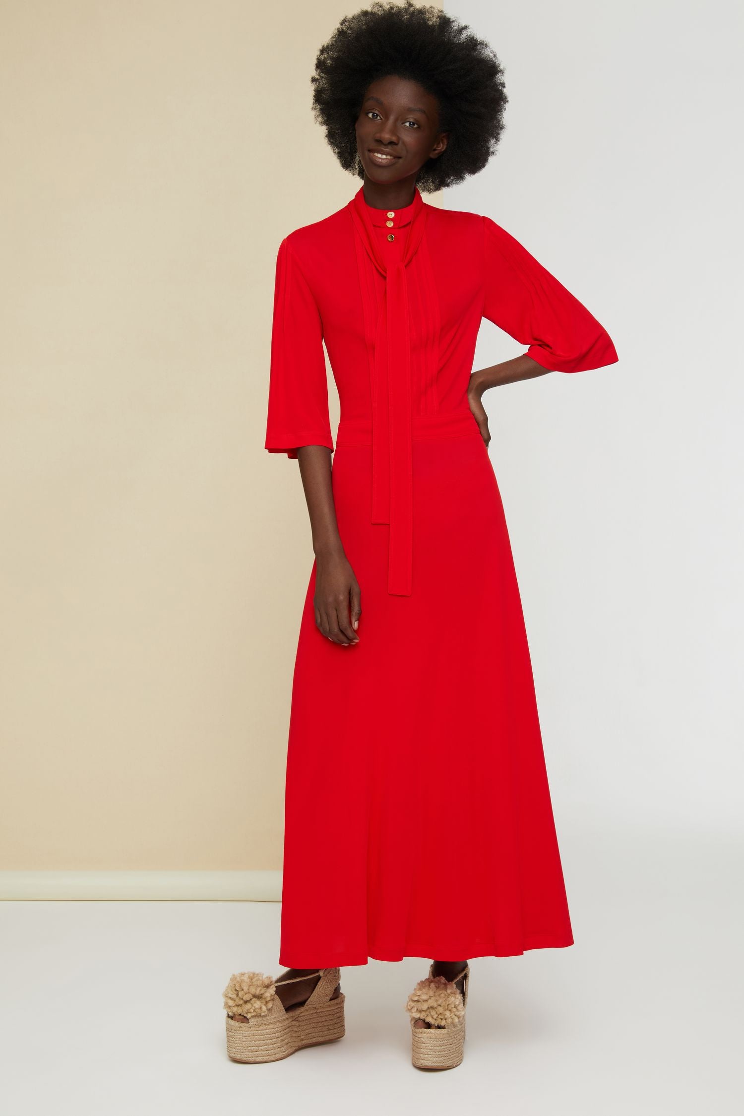Robe midi à col foulard - Rouge