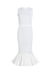 Robe midi smockée à ourlet volanté en faille - Blanc