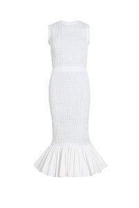 White / Robe midi smockée à ourlet volanté en faille recyclé