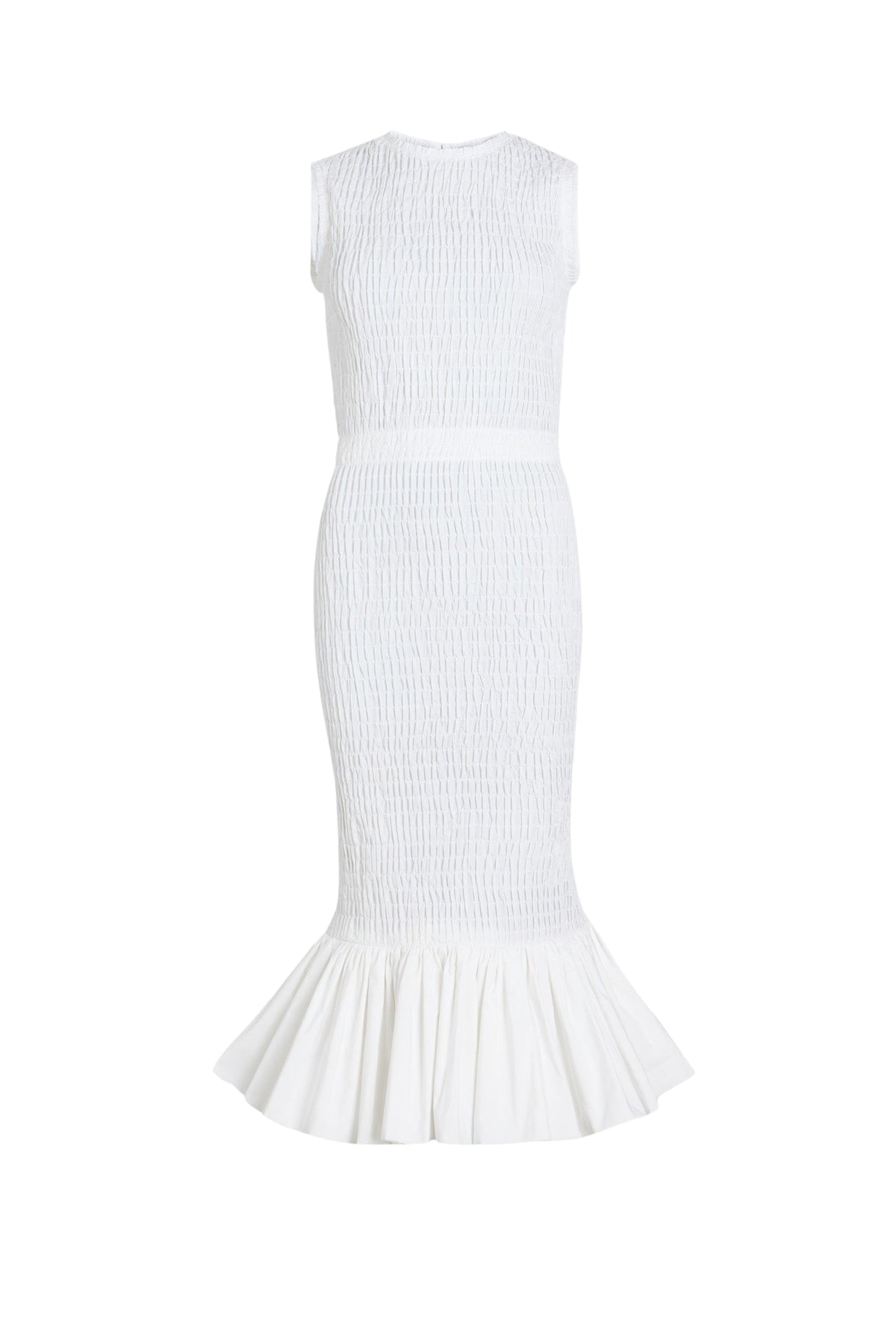 White / Robe midi smockée à ourlet volanté en faille recyclé