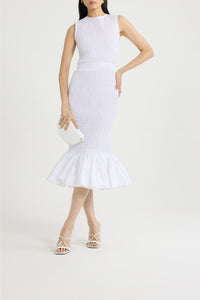 Robe midi smockée à ourlet volanté en faille - Blanc