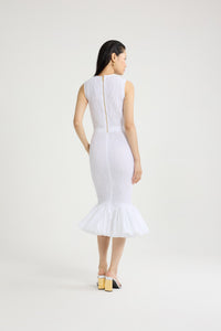 White / Robe midi smockée à ourlet volanté en faille recyclé