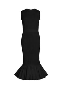 Black / Robe midi smockée à ourlet volanté en faille recyclé