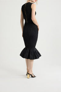 Robe midi smockée à ourlet volanté en faille - Noir
