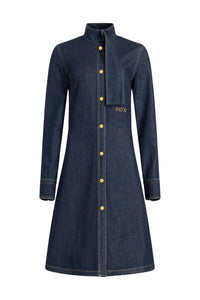 Robe midi à col foulard en denim - Bleu Nuit