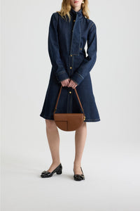Robe midi à col foulard en denim - Bleu Nuit