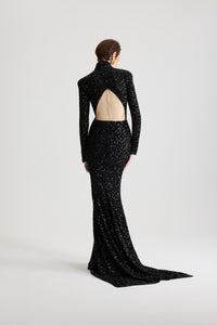 Black / Robe longue à sequins avec découpe au dos