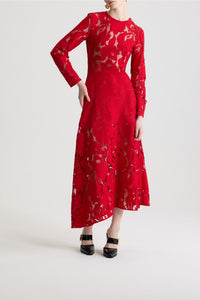 Robe midi asymétrique en dentelle de coton - Rouge Babylone