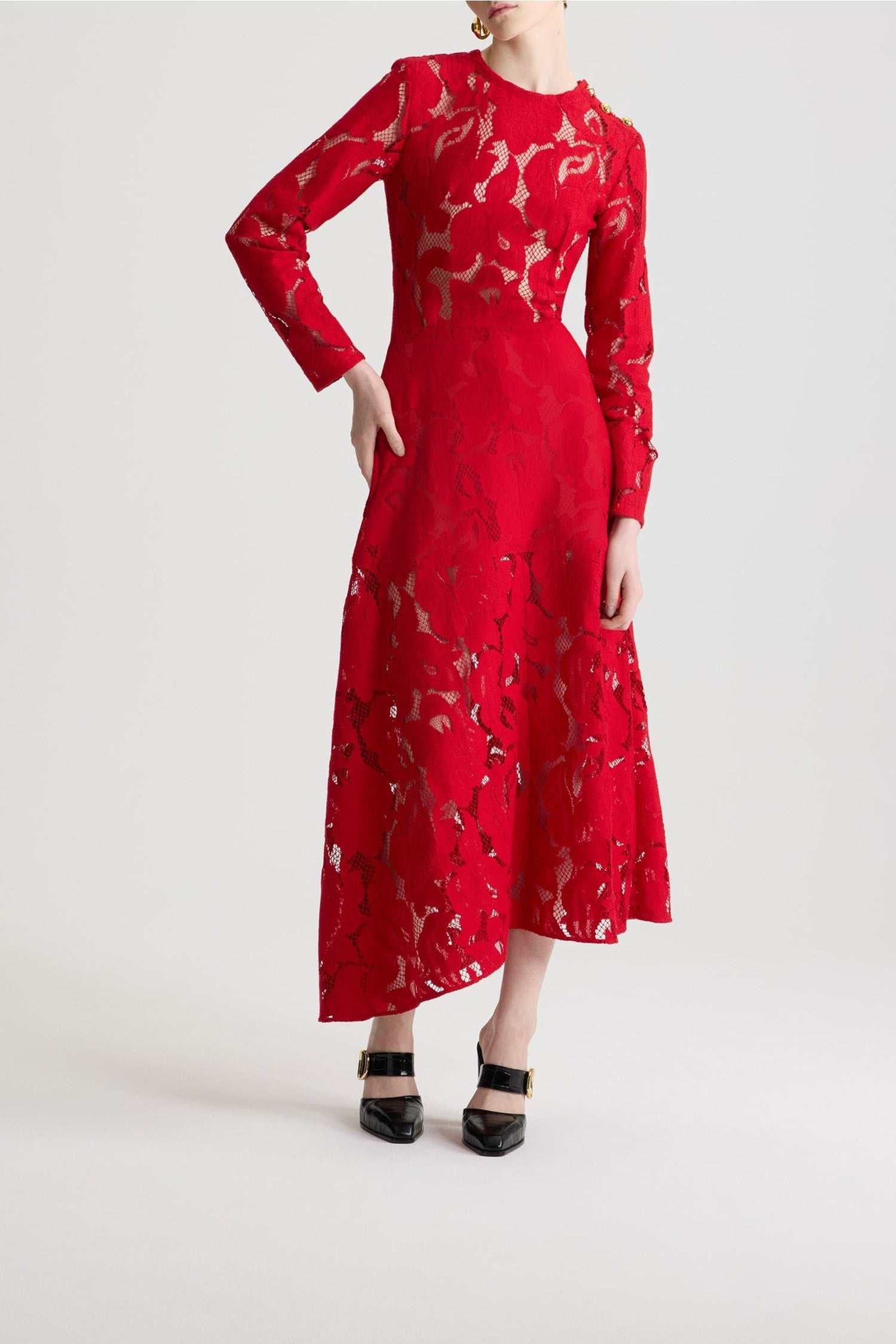 Robe midi asymétrique en dentelle de coton - Rouge Babylone
