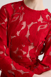 Robe midi asymétrique en dentelle de coton - Rouge Babylone