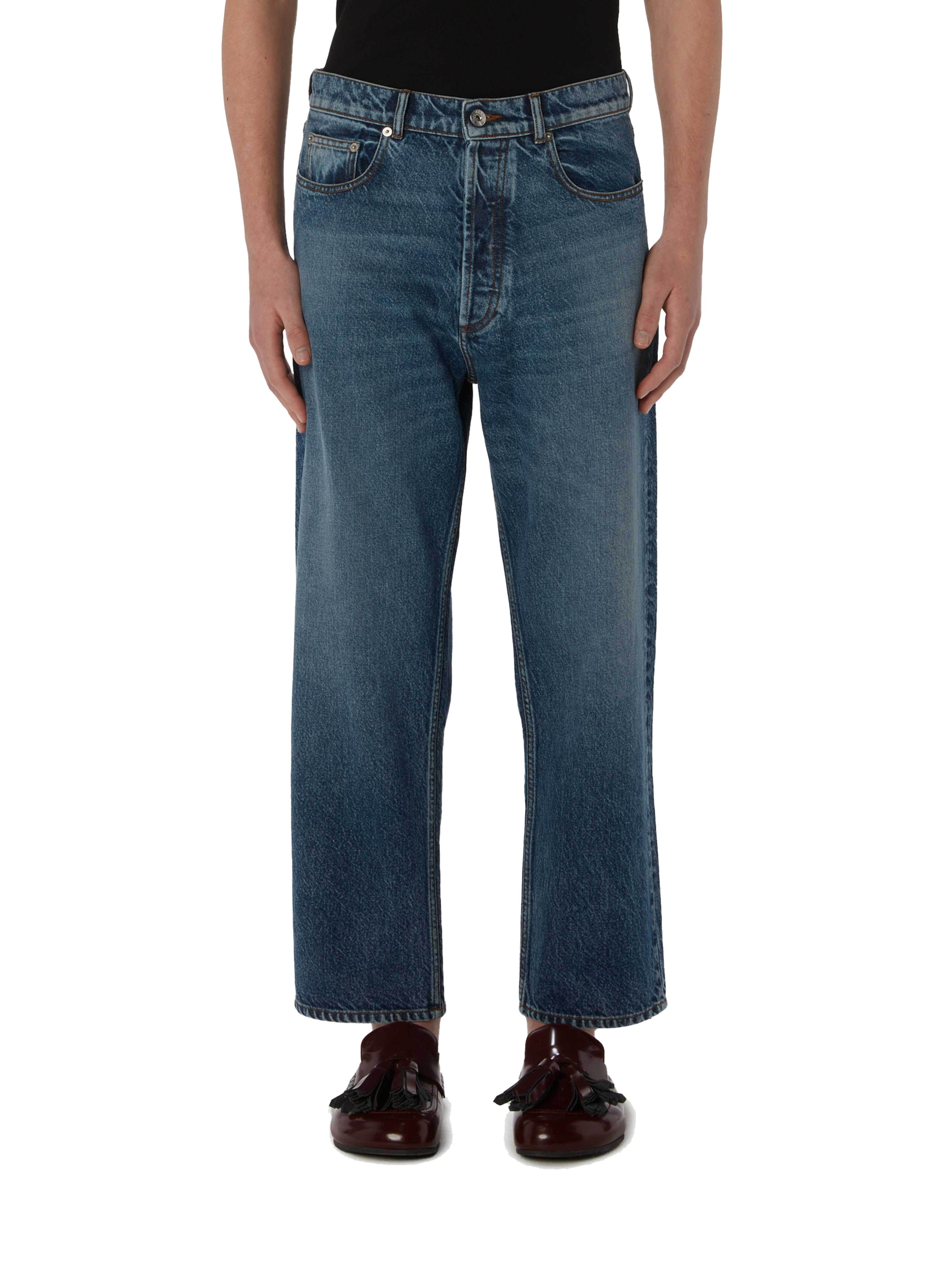 Jean Court À Jambe Droite - Mid Blue Denim