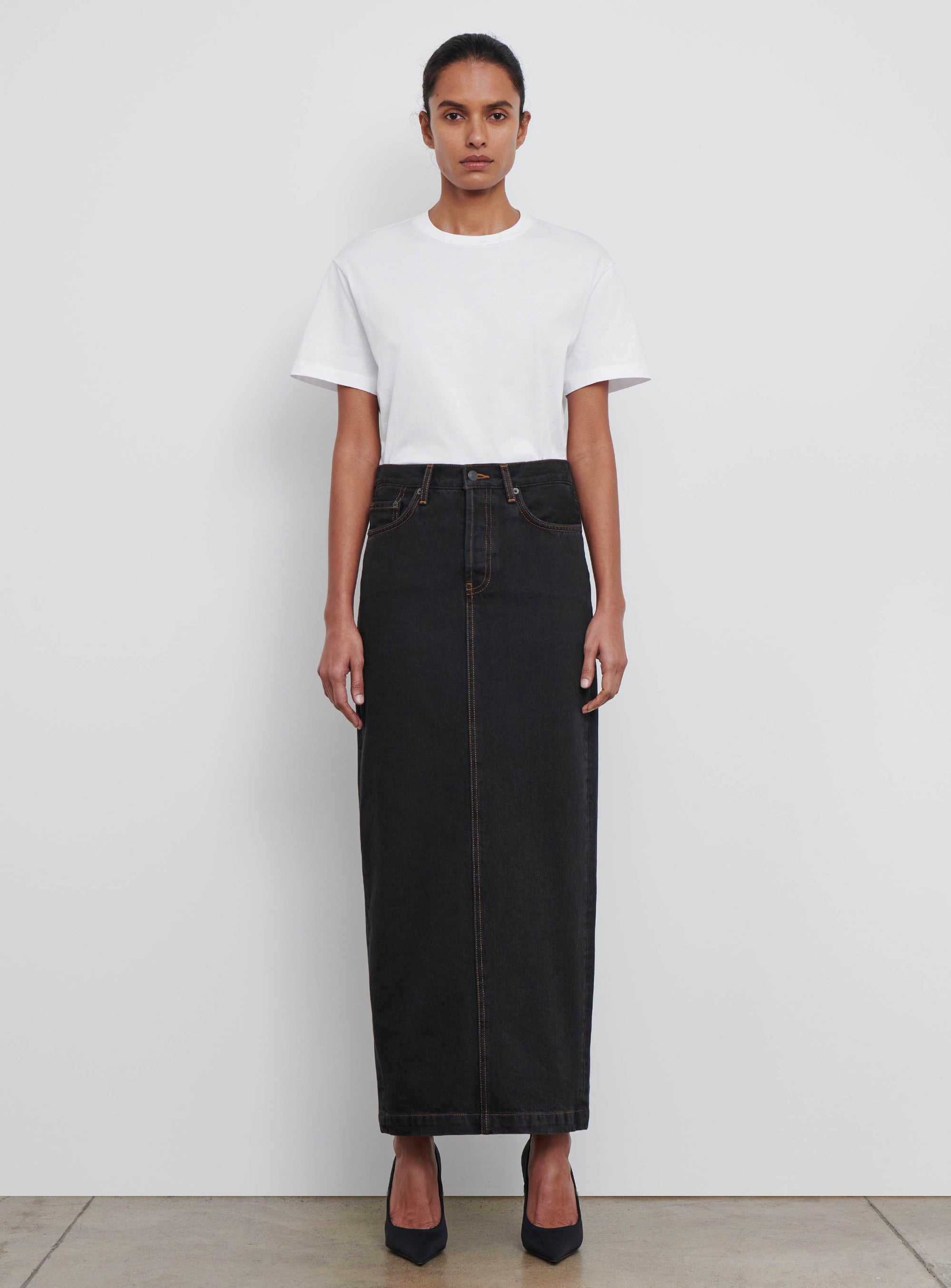 Denim Column Skirt - Black