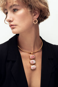 Rhodochrosite and fine gold Daisy earrings - Pink