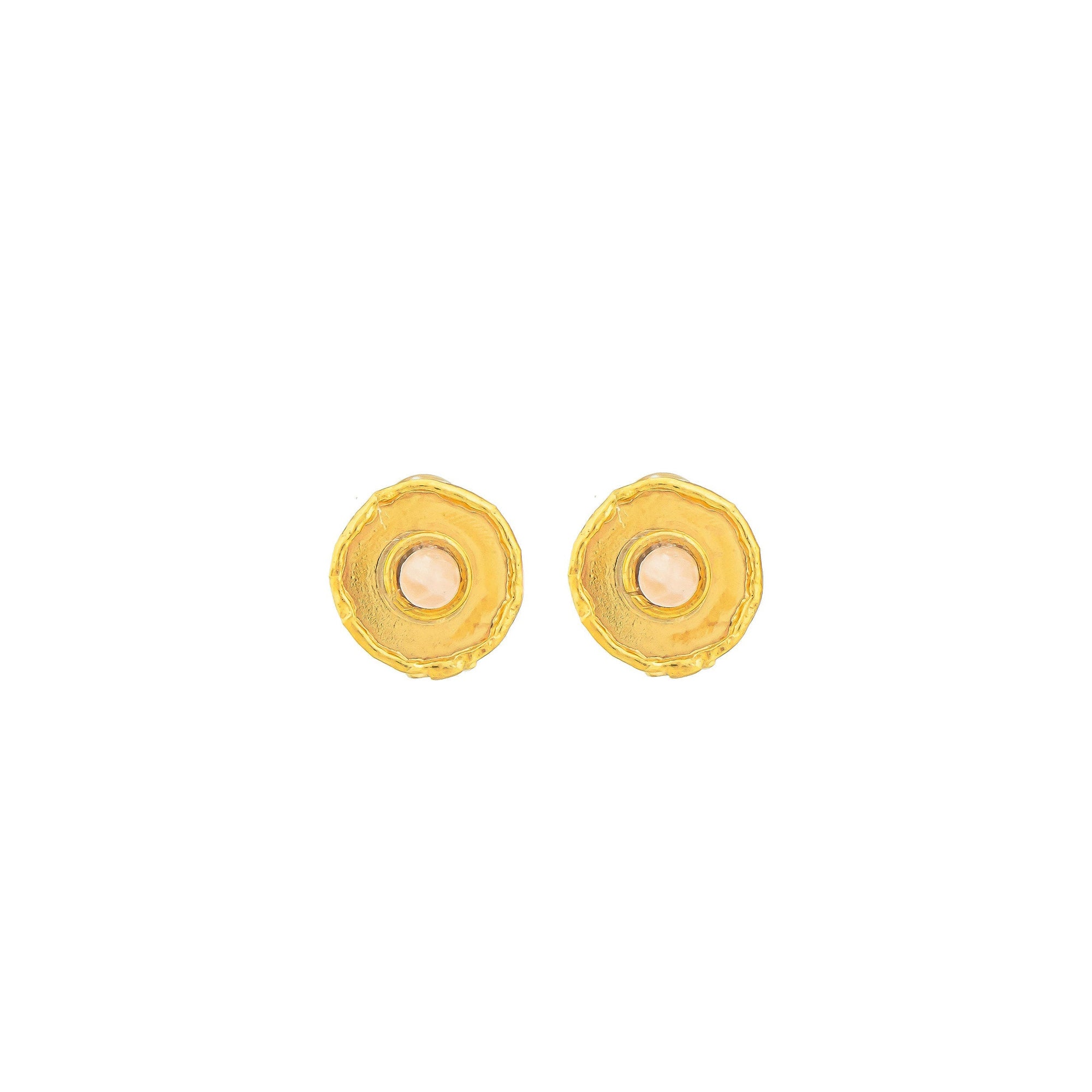 Boucles d'oreilles Medaille dorées à l'or fin et Quartz - Rose