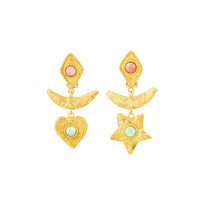 Boucles d'oreilles Honeymoon dorées à l'or fin et multipierres - Rose & Vert