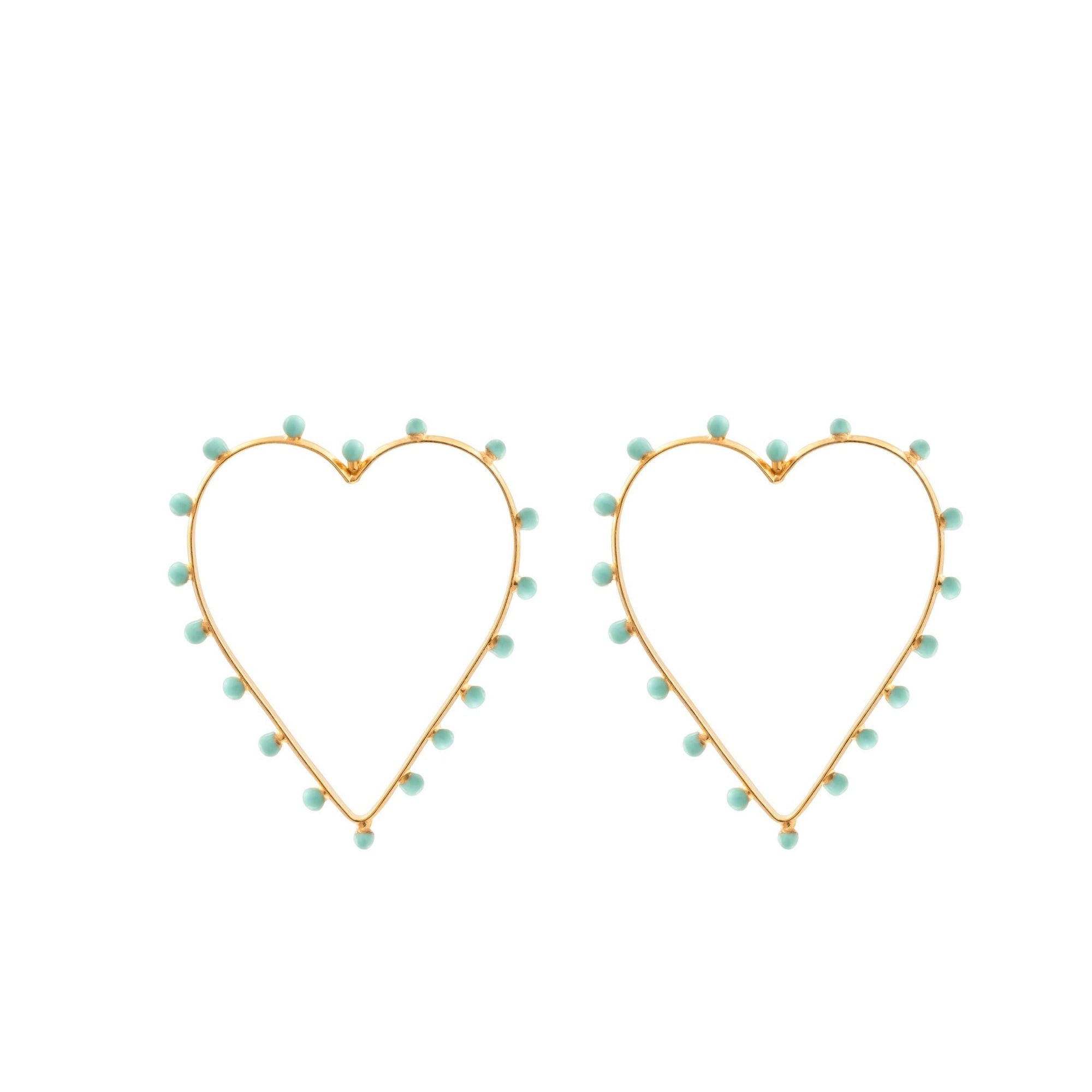 Boucles d'oreilles Dots cœur dorées à l'or fin et émail - Turquoise