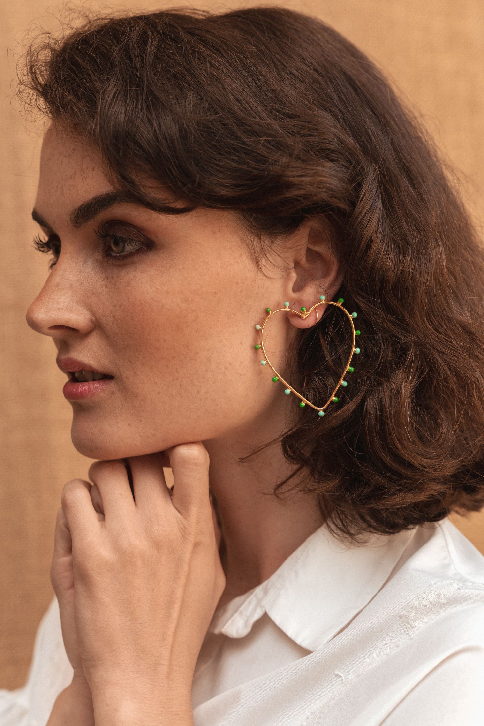 Boucles d'oreilles Dots cœur dorées à l'or fin et émail - Vert & Turquoise
