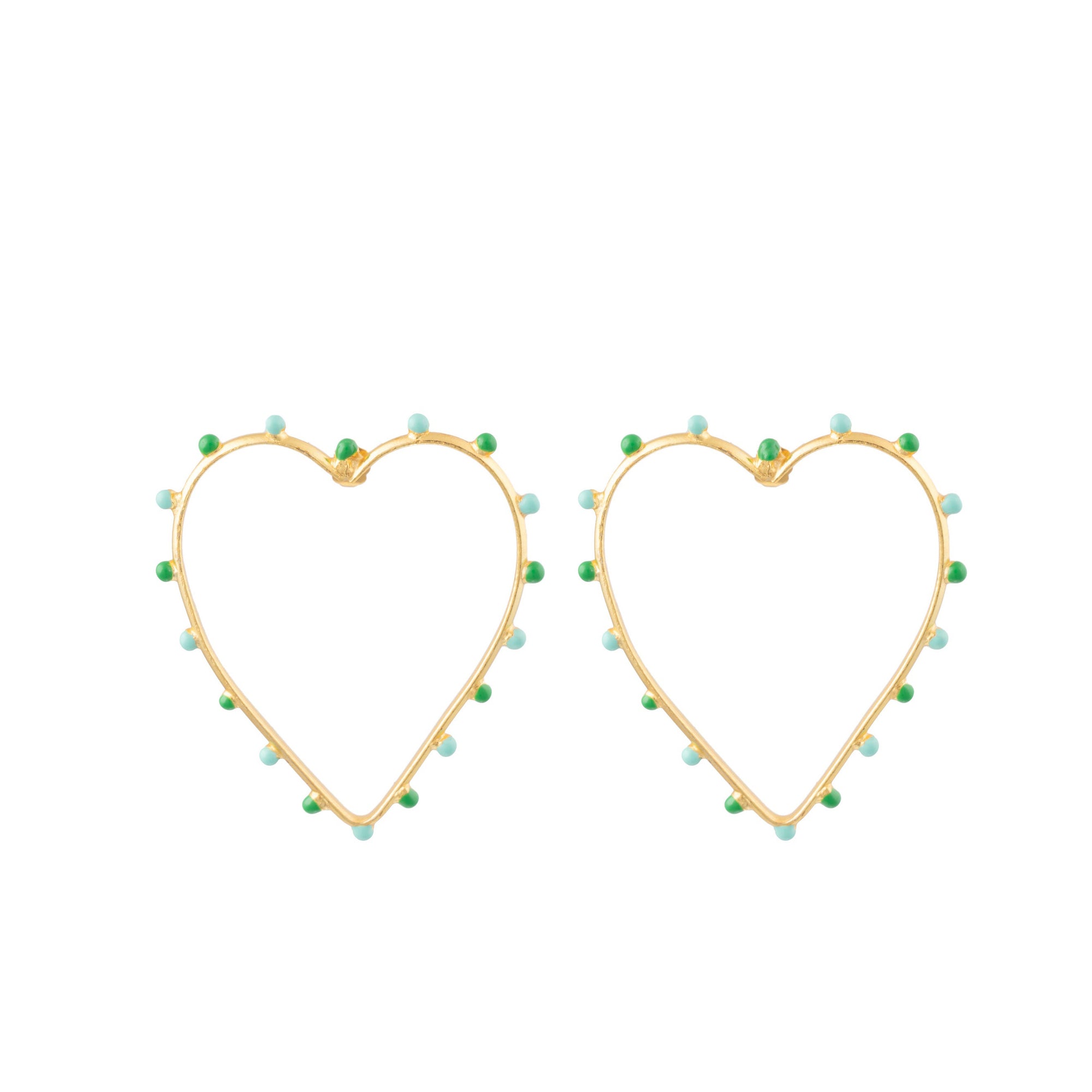 Boucles d'oreilles Dots cœur dorées à l'or fin et émail - Vert & Turquoise