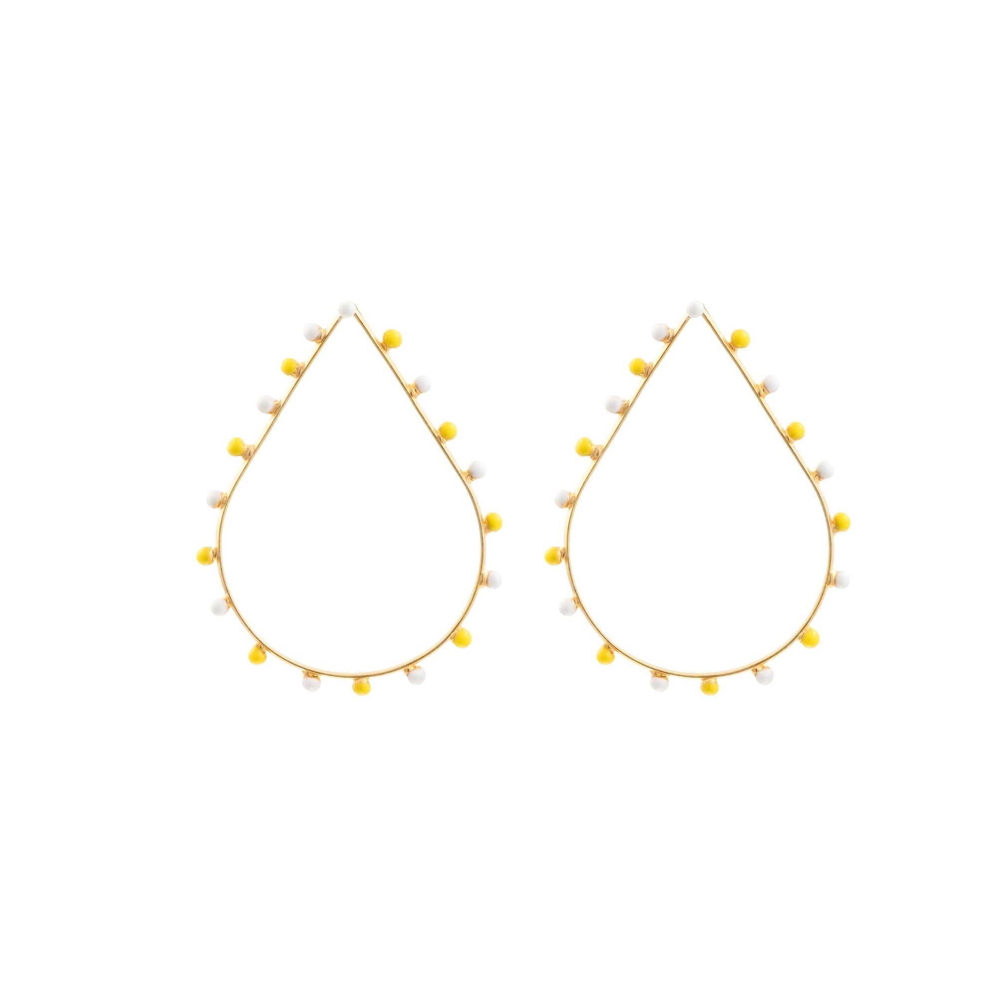 Boucles d'oreilles Dots goutte dorées à l'or fin et émail - Blanc & Jaune