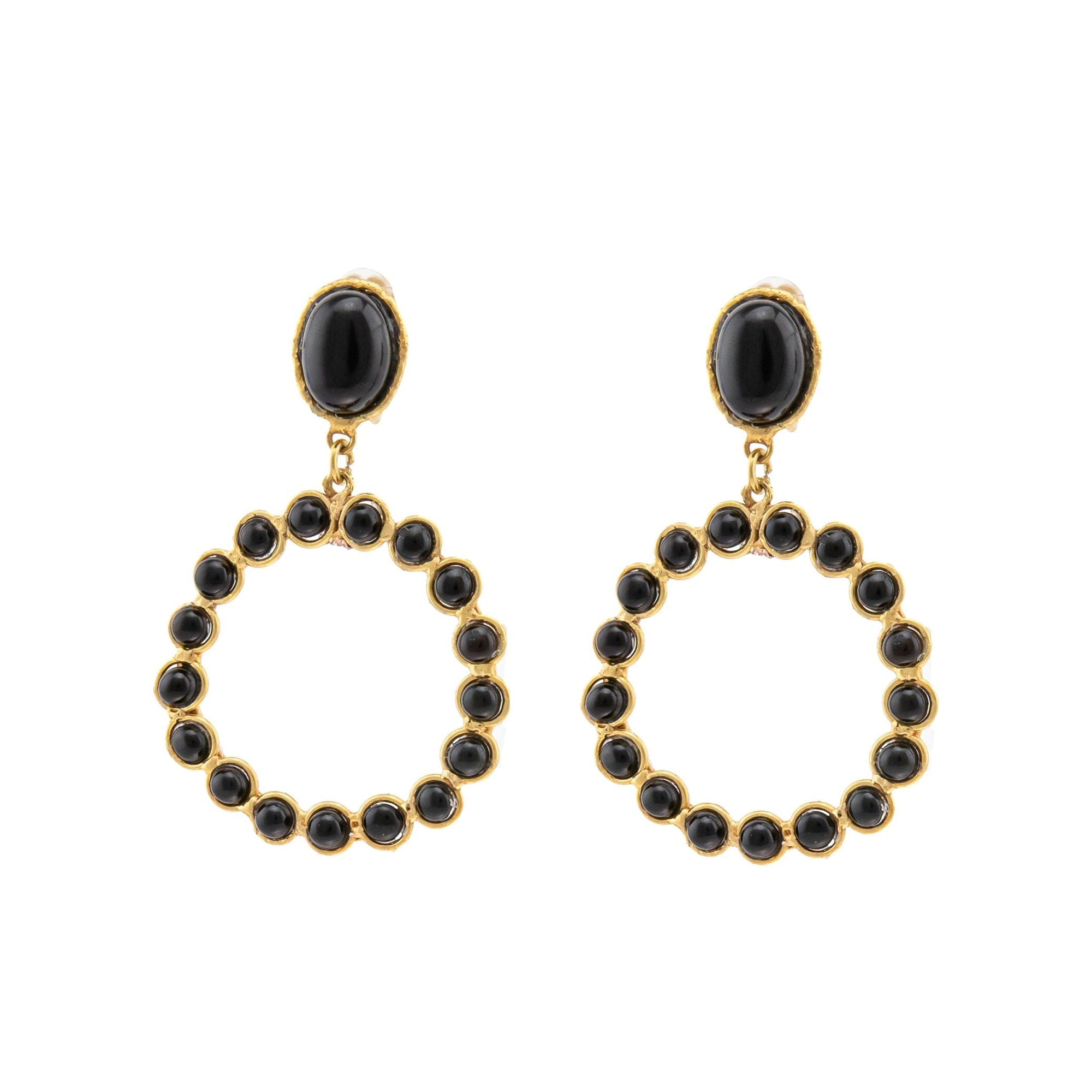 Happy Flower clip earrings in fine gold and Onyx - Black