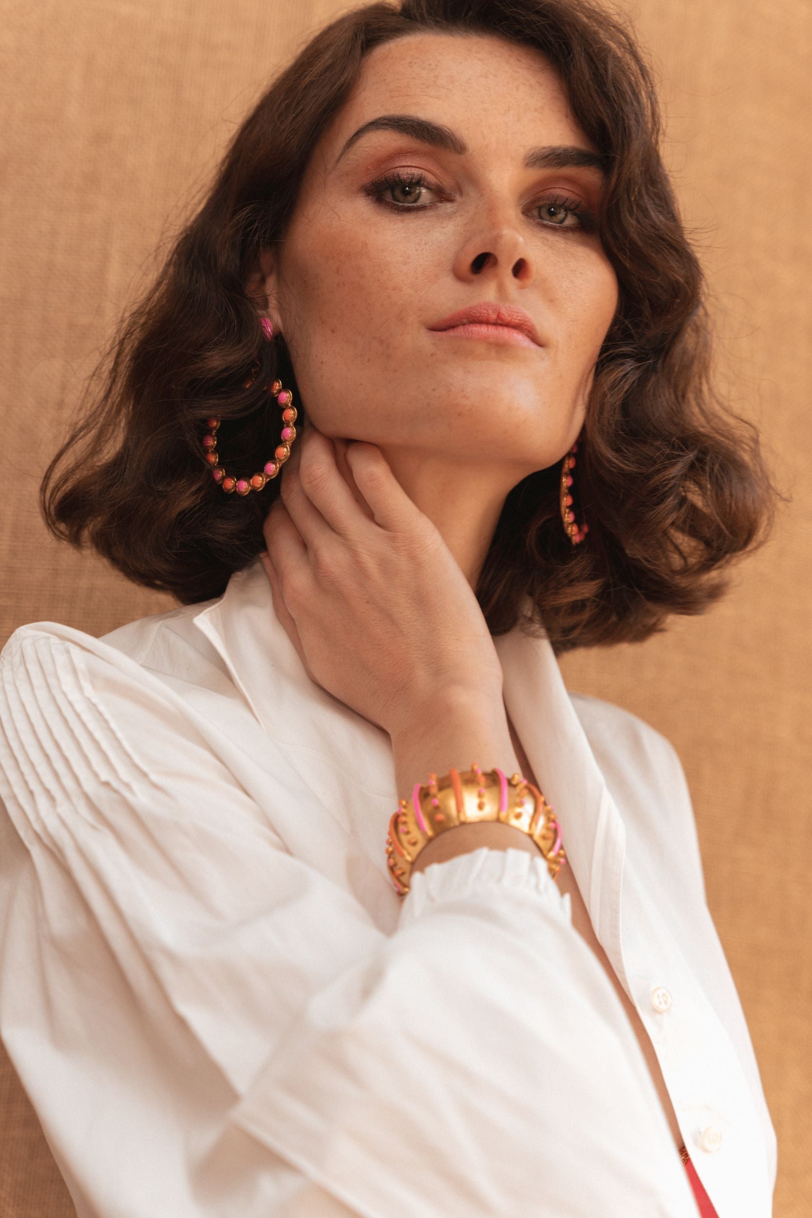Happy Flower clip earrings gilded in fine gold and enamel - Pink Enamel