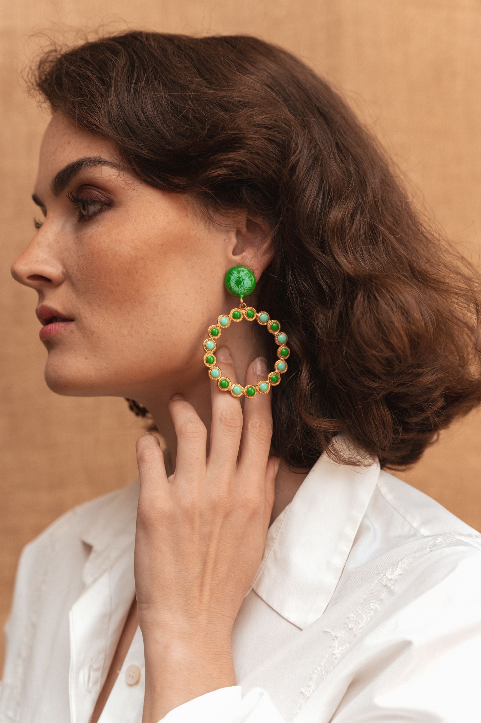Clip earrings Happy Flower gilded in fine gold and enamel - Green Enamel