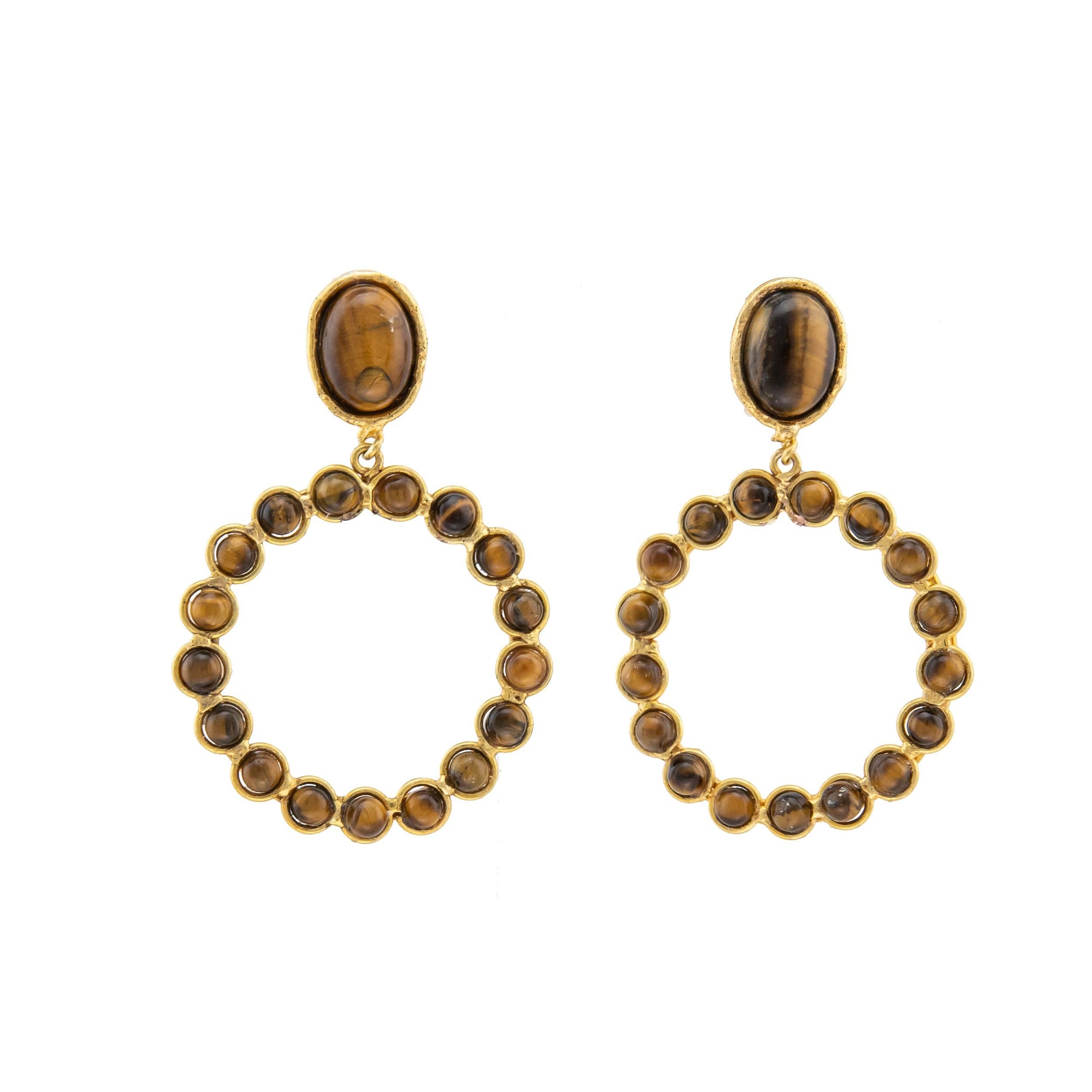 Boucles d'oreilles à clips Happy Flower dorées à l'or fin et Œil de Tigre - Marron