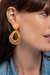 Thalita clip-on earrings gilded in fine gold and Onyx - Pink & Yellow