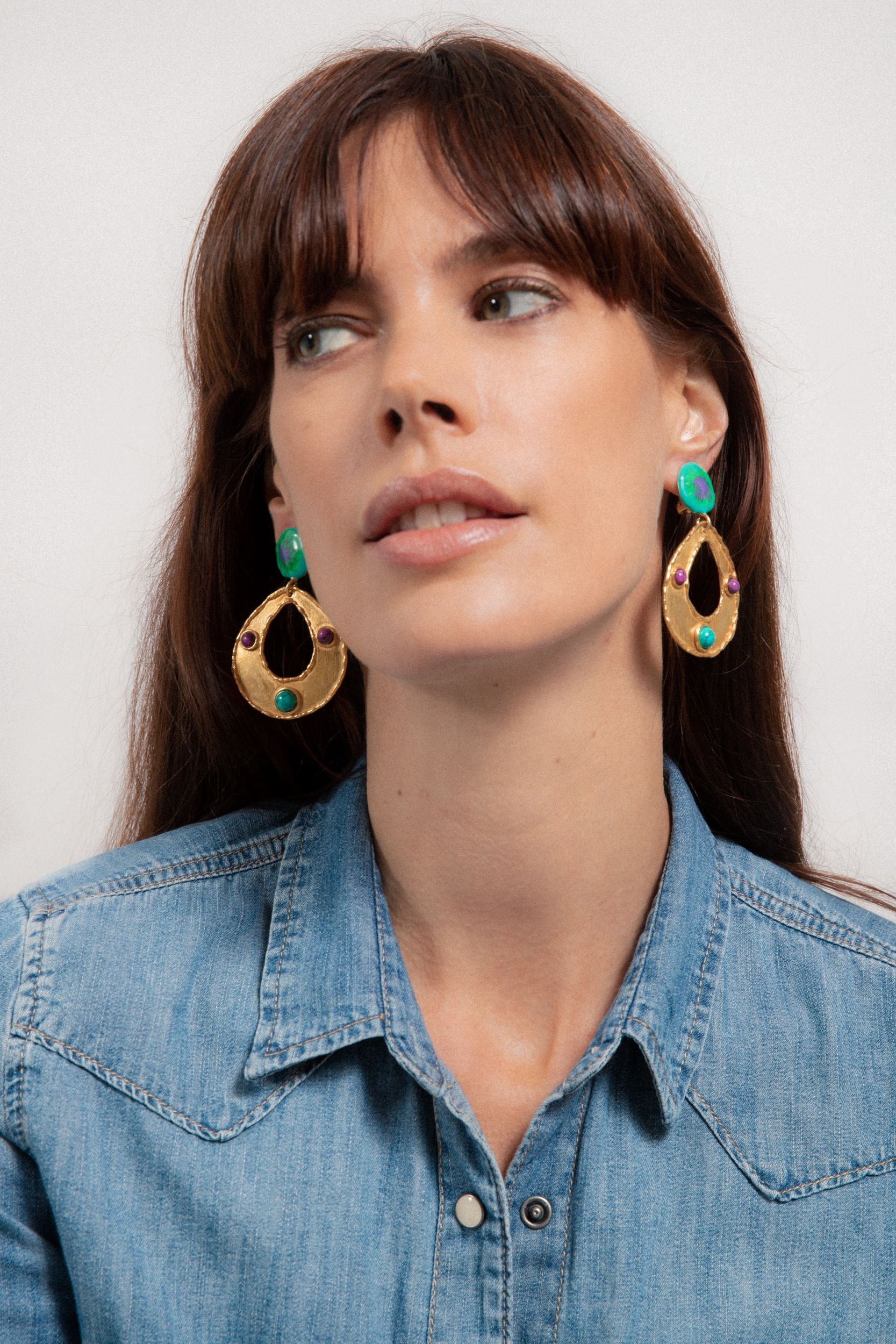 Boucles d'oreilles à clips Thalita dorées à l'or fin et Turquoise - Vert & Violet