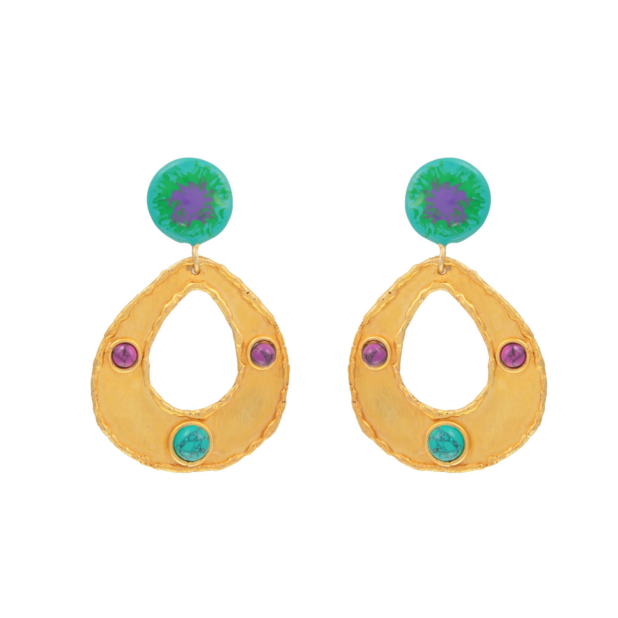 Boucles d'oreilles à clips Thalita dorées à l'or fin et Turquoise - Vert & Violet