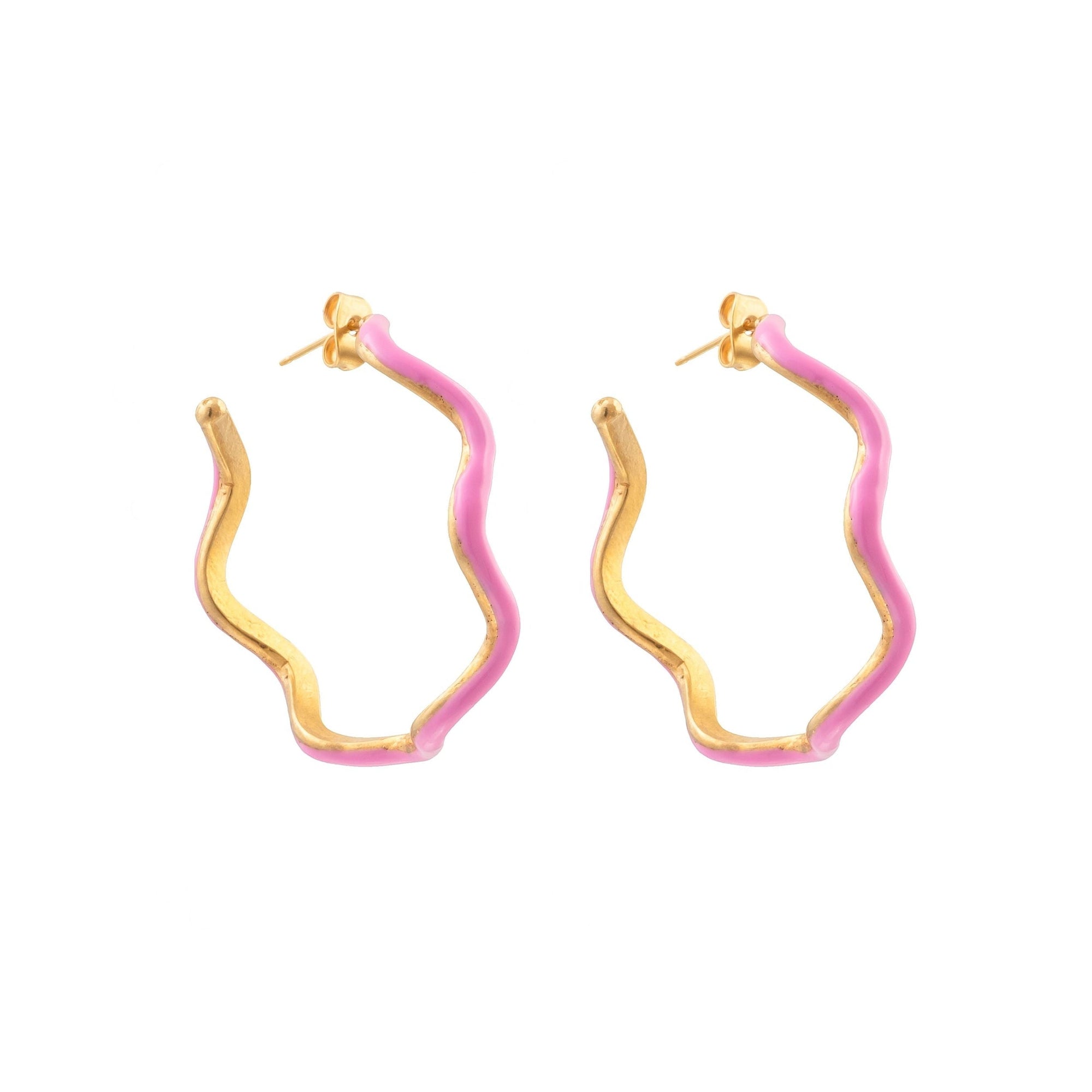 Boucles d'oreilles créoles Flow dorées à l'or fin et émail - Rose