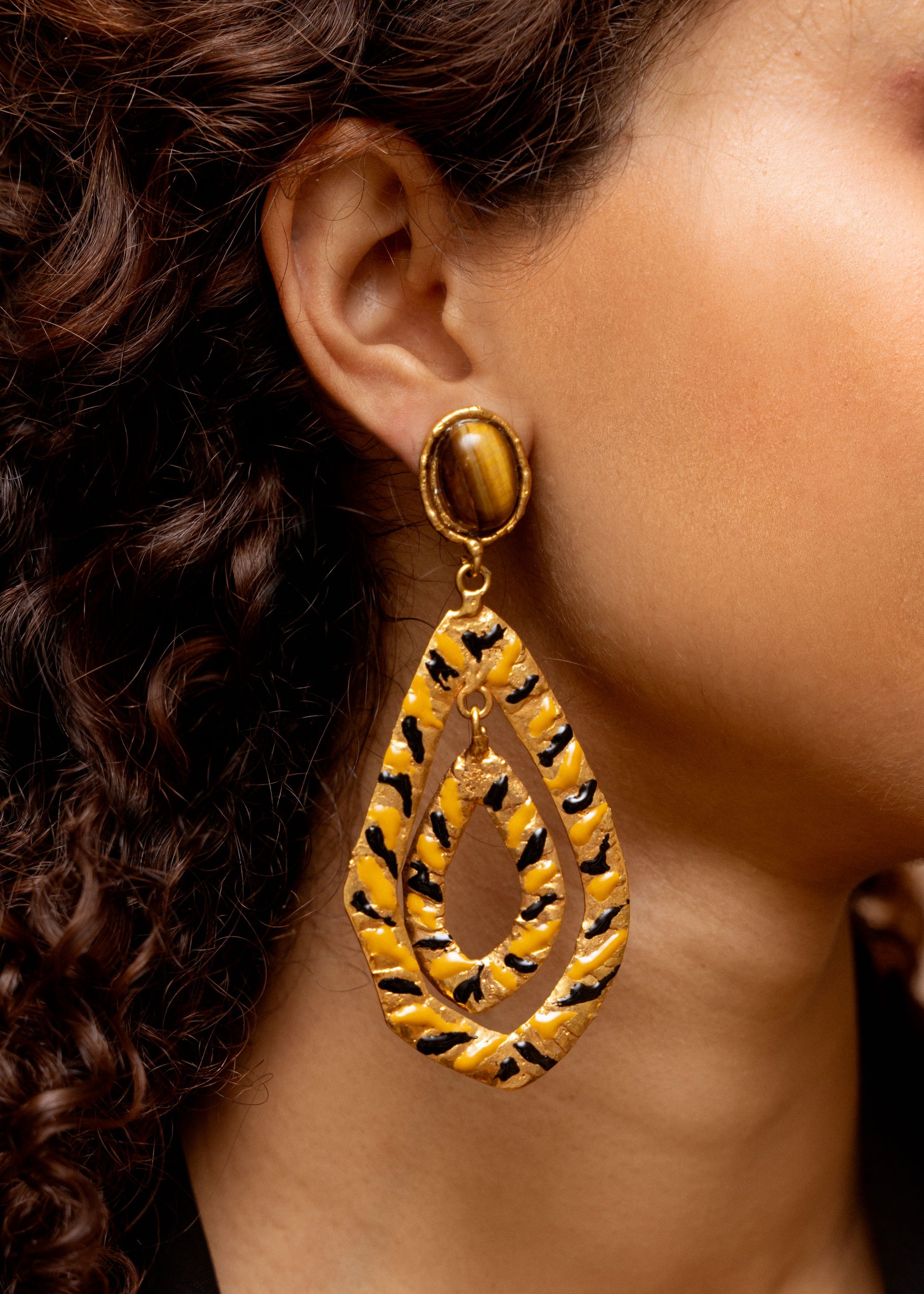Earrings Bianca gilded with fine gold and Tiger Eye - Brown