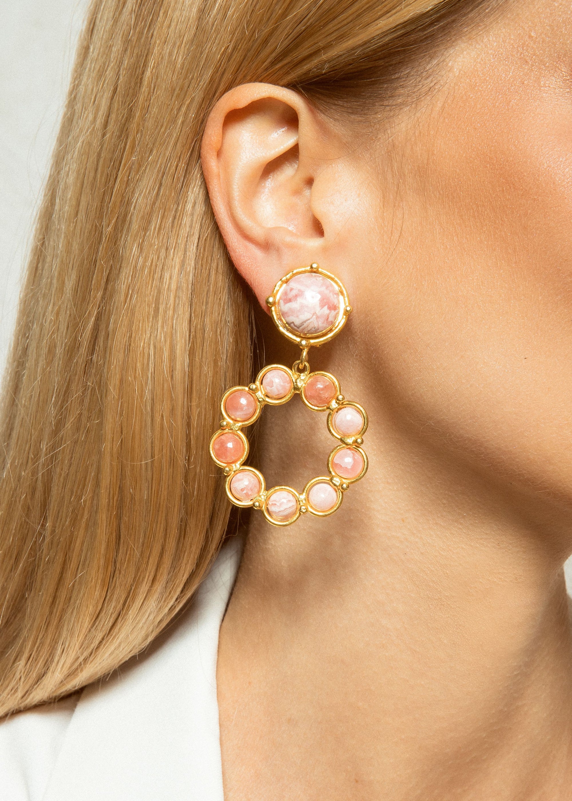 Flower Candies fine gold and Rhodochrosite earrings - Pink
