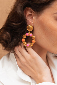 Boucles d'oreilles à clips Flower Candies dorées à l'or fin et émail - Rose