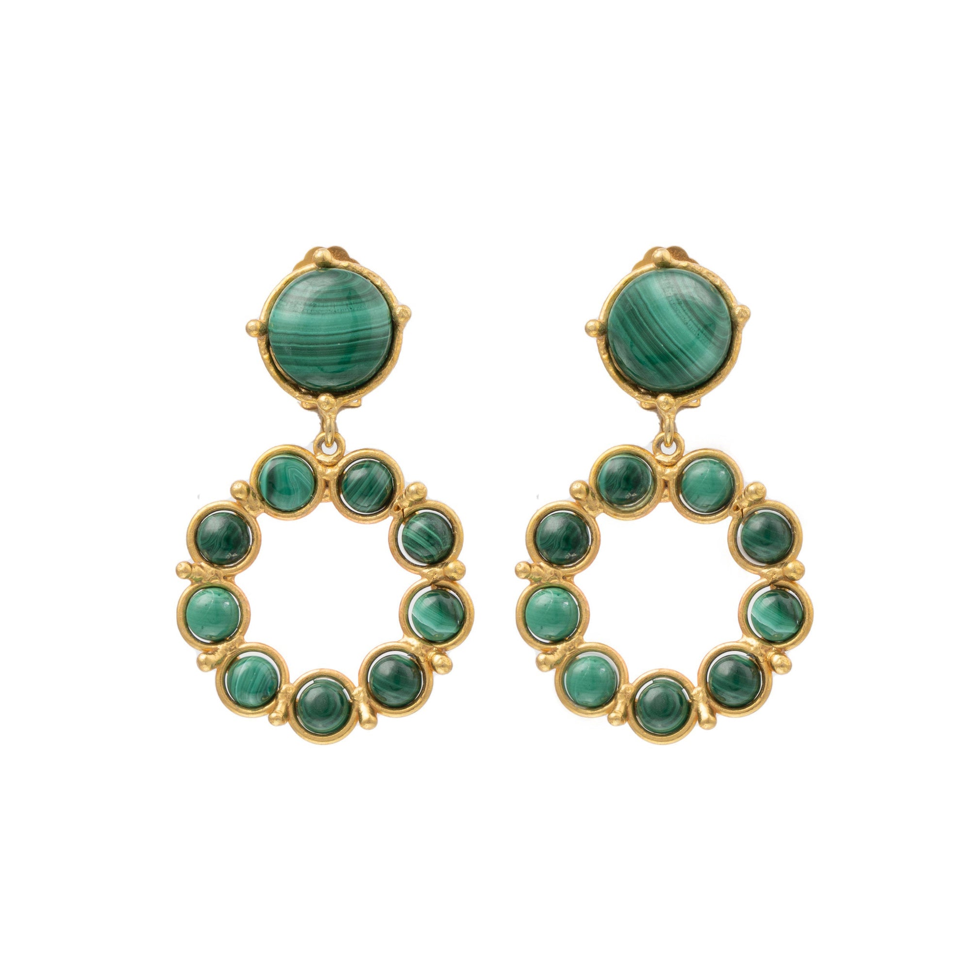 Boucles d'oreilles Flower Candies dorées à l'or fin et Malachite - Vert