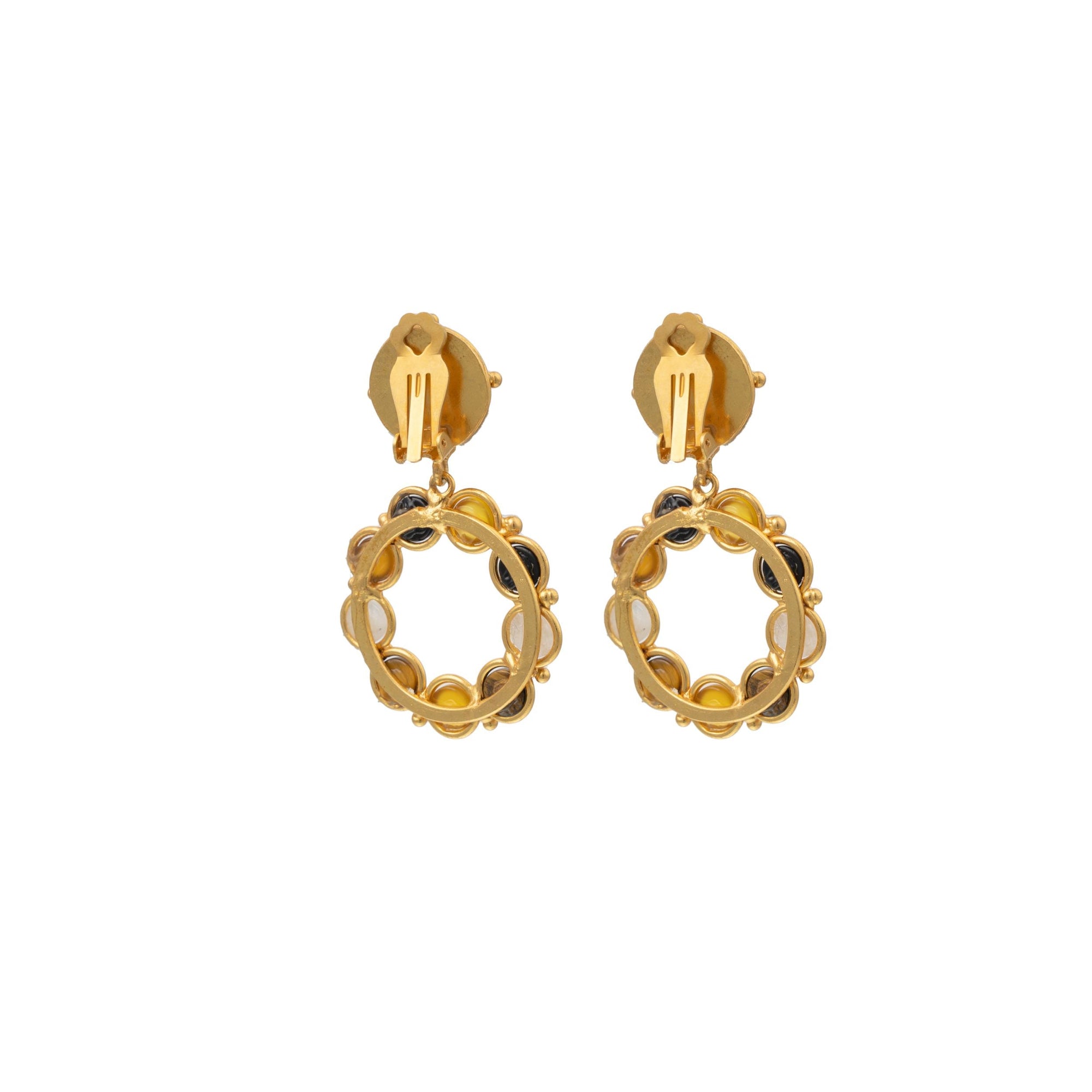 Boucles d'oreilles à clips Flower Candies dorées à l'or fin et multipierres - Marron & Jaune & Noir