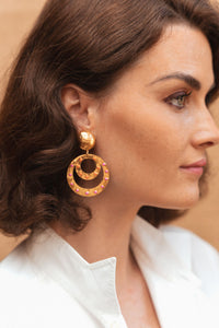Cosmos clip-on earrings gilded in fine gold and enamel - Pink & Orange