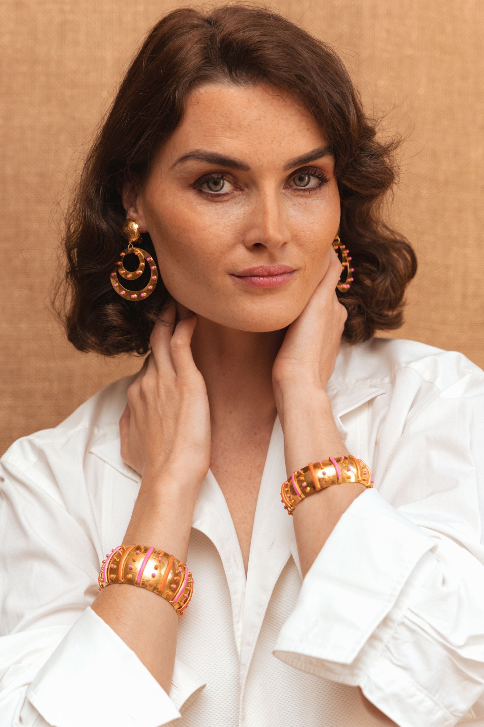 Cosmos clip-on earrings gilded in fine gold and enamel - Pink & Orange