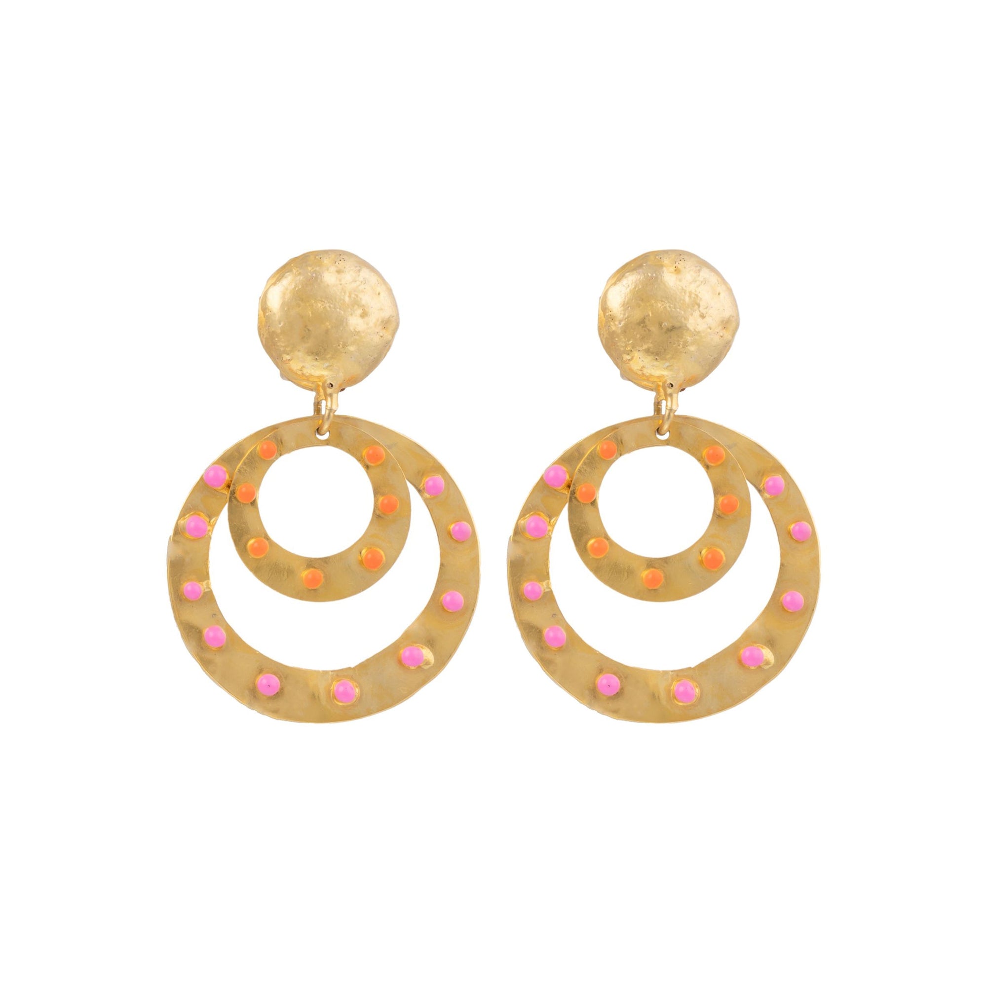 Cosmos clip-on earrings gilded in fine gold and enamel - Pink & Orange