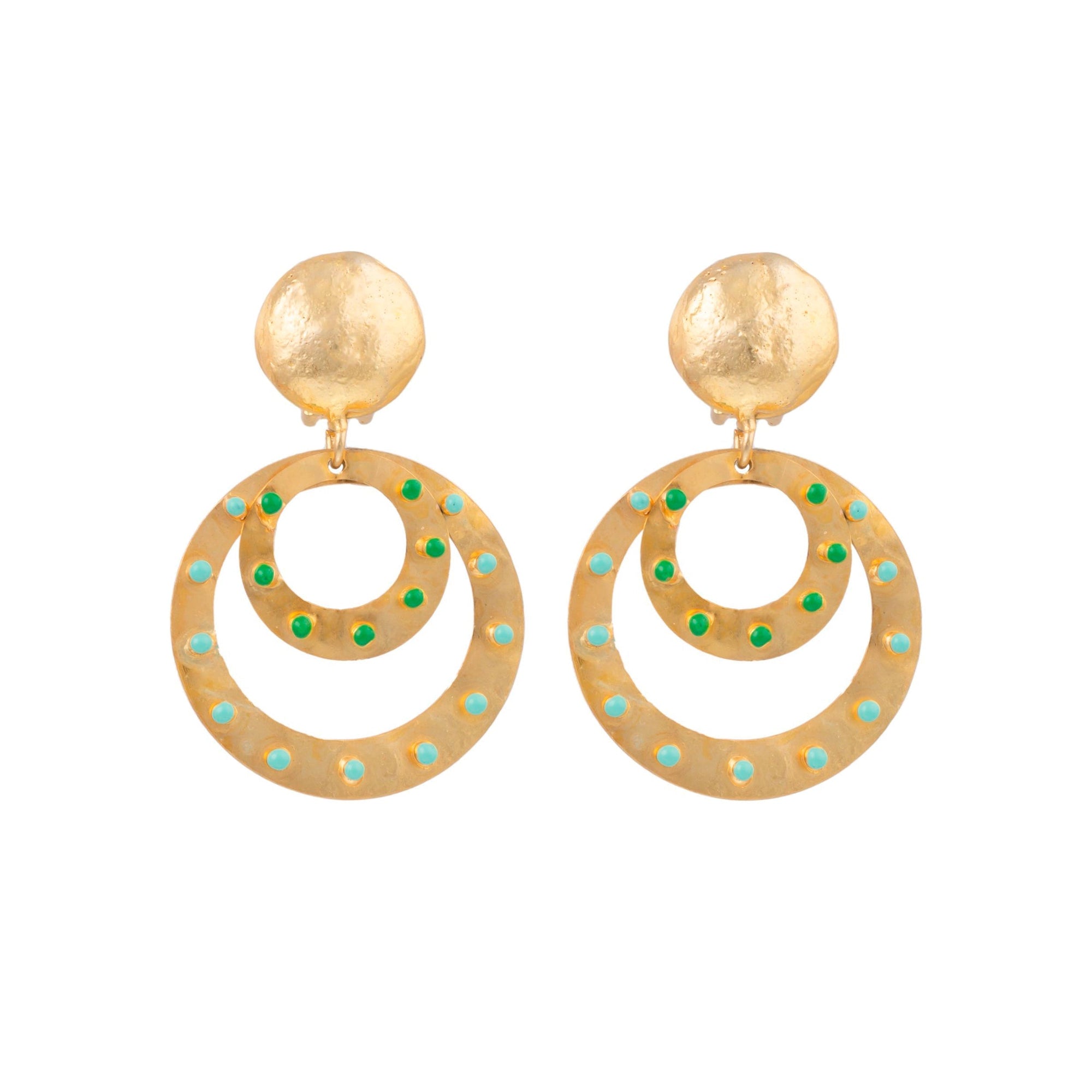 Cosmos clip on earrings fine gold plating and enamel - Green & Turquoise